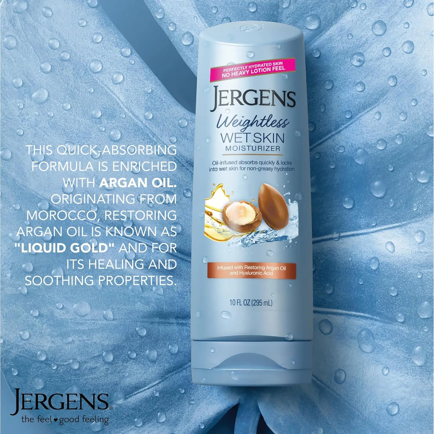 Jergens Wet Skin Body Moisturizer with Restoring Argan Oil, In Shower Lotion, Moisturizer for Dry Skin, Fast-Absorbing, Non-Sticky, 10 Ounces (Pack of 4), Dermatologist Tested (Packaging May Vary)