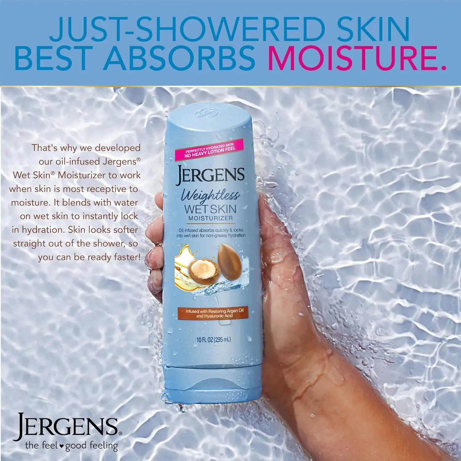 Jergens Wet Skin Body Moisturizer with Restoring Argan Oil, In Shower Lotion, Moisturizer for Dry Skin, Fast-Absorbing, Non-Sticky, 10 Ounces (Pack of 4), Dermatologist Tested (Packaging May Vary)
