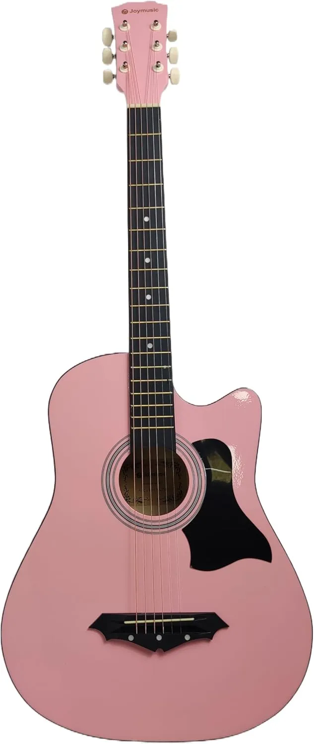 Joymusic 38 inch pink beginner acoustic guitar kit,bundle with a strap with picks holder,digital tuner, set strings, capo,cleaning cloth,6 picks,gig bag.(JG-38C,PK)