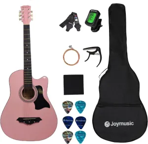 Joymusic 38 inch pink beginner acoustic guitar kit,bundle with a strap with picks holder,digital tuner, set strings, capo,cleaning cloth,6 picks,gig bag.(JG-38C,PK)