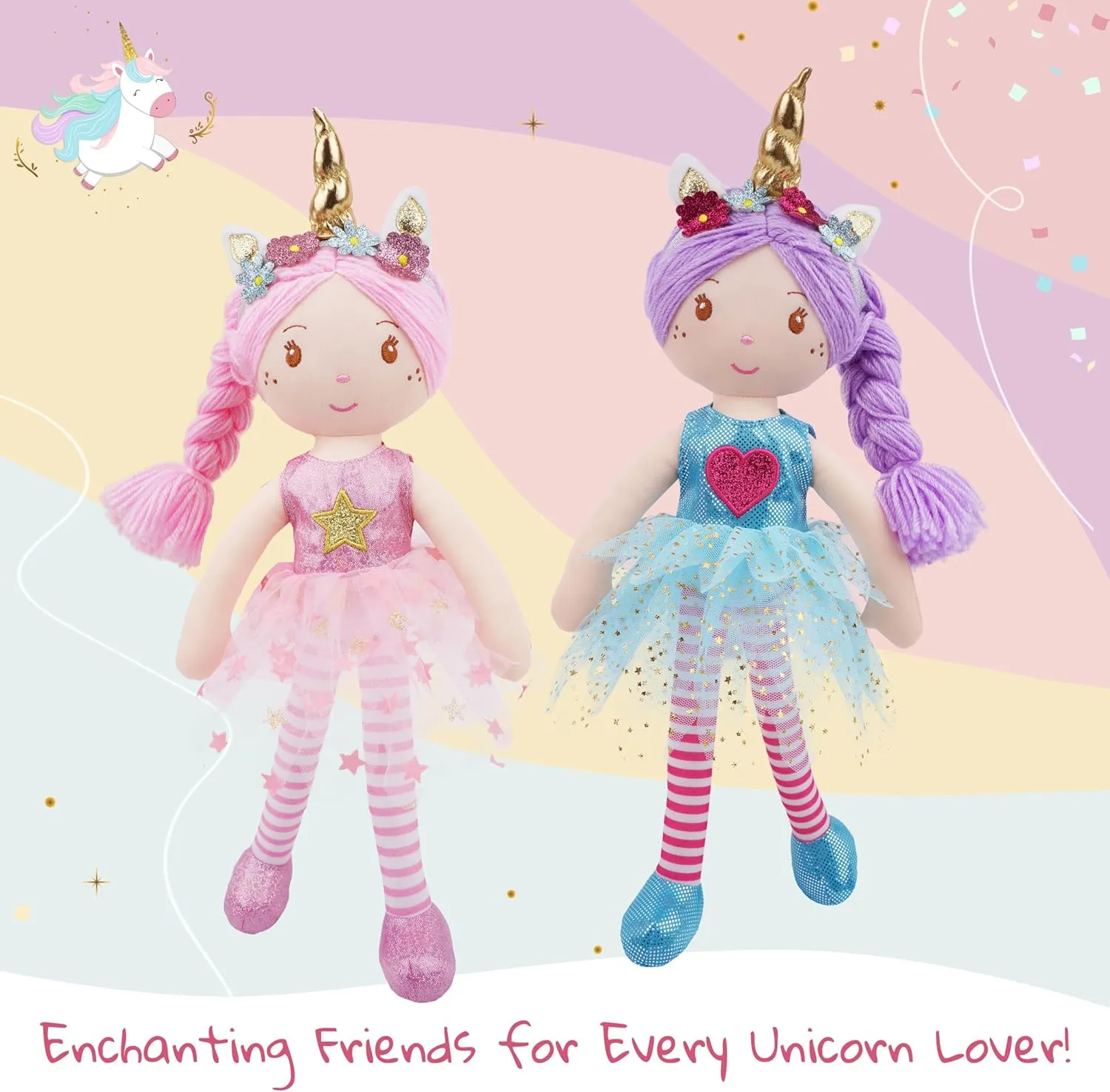 June Garden 16" Unicorn Doll Anya - Pink Hair Plush Rag Doll for Toddler Girls - Soft Companion Gift for 2  Years - Pink Dress