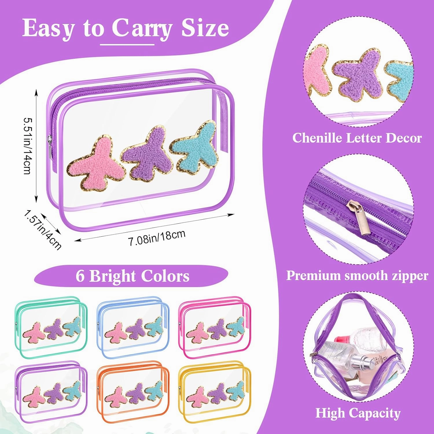 Kacctyen 12 Pcs Airplane Patch Clear Travel Bags for Toiletries Bulk Chenille Letter Makeup Bags Waterproof PVC Preppy Cosmetic Pouch Zippered Carry on Airport Flight Stuff Organizer for Women Girls