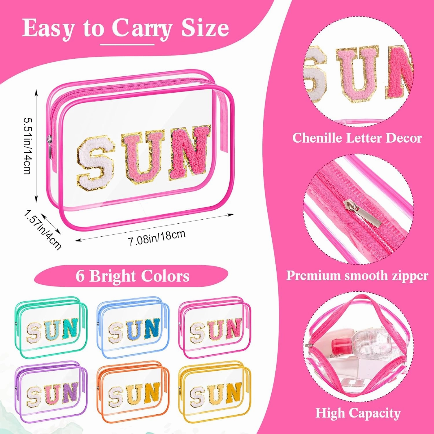 Kacctyen 12 Pcs Clear Sun Makeup Bags Bulk Summer Sunscreen Pouch with Preppy Chenille Letter Patch Waterproof Toiletry Cosmetic Zippered Organizer for Women Girls Beach Pool Vacation Gift