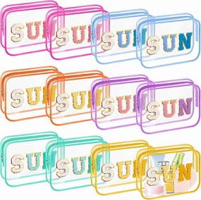 Kacctyen 12 Pcs Clear Sun Makeup Bags Bulk Summer Sunscreen Pouch with Preppy Chenille Letter Patch Waterproof Toiletry Cosmetic Zippered Organizer for Women Girls Beach Pool Vacation Gift