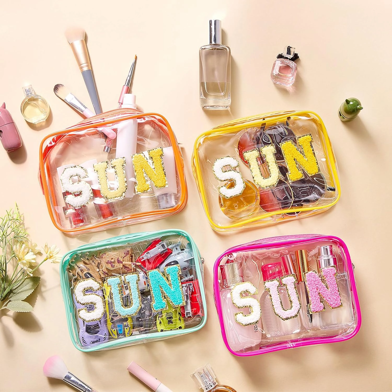 Kacctyen 12 Pcs Clear Sun Makeup Bags Bulk Summer Sunscreen Pouch with Preppy Chenille Letter Patch Waterproof Toiletry Cosmetic Zippered Organizer for Women Girls Beach Pool Vacation Gift