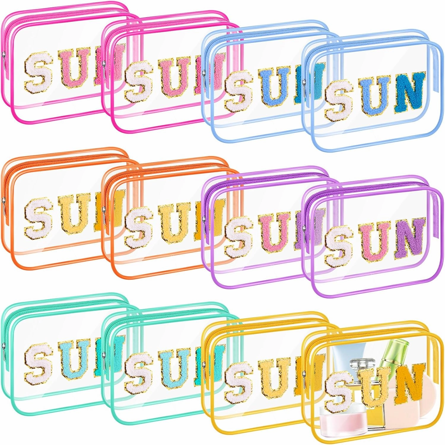 Kacctyen 12 Pcs Clear Sun Makeup Bags Bulk Summer Sunscreen Pouch with Preppy Chenille Letter Patch Waterproof Toiletry Cosmetic Zippered Organizer for Women Girls Beach Pool Vacation Gift