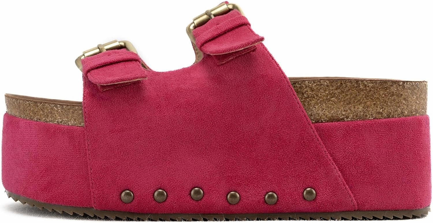 KaroNairy Studded Cork Platform Sandals For Women Slippers Clogs Platform Slip On Sandals Dual Buckled Suede Pink8.5