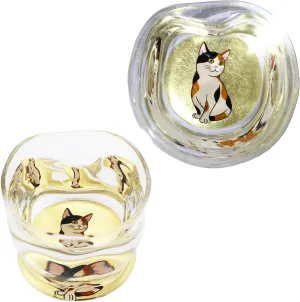 Kasyou Studio Calico Cat sake cup (Natural curl shape) Glass (Kanazawa Gold Foil, Gift Box), Made in Japan, japanese sake cup soju glass luxury golden glasses Kasyou Maki-e Glass