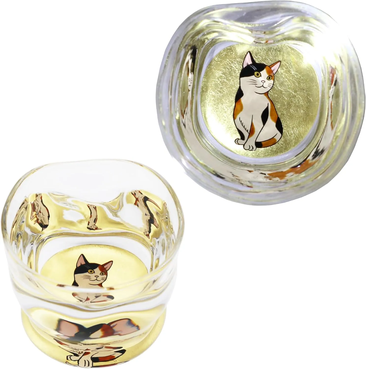 Kasyou Studio Calico Cat sake cup (Natural curl shape) Glass (Kanazawa Gold Foil, Gift Box), Made in Japan, japanese sake cup soju glass luxury golden glasses Kasyou Maki-e Glass
