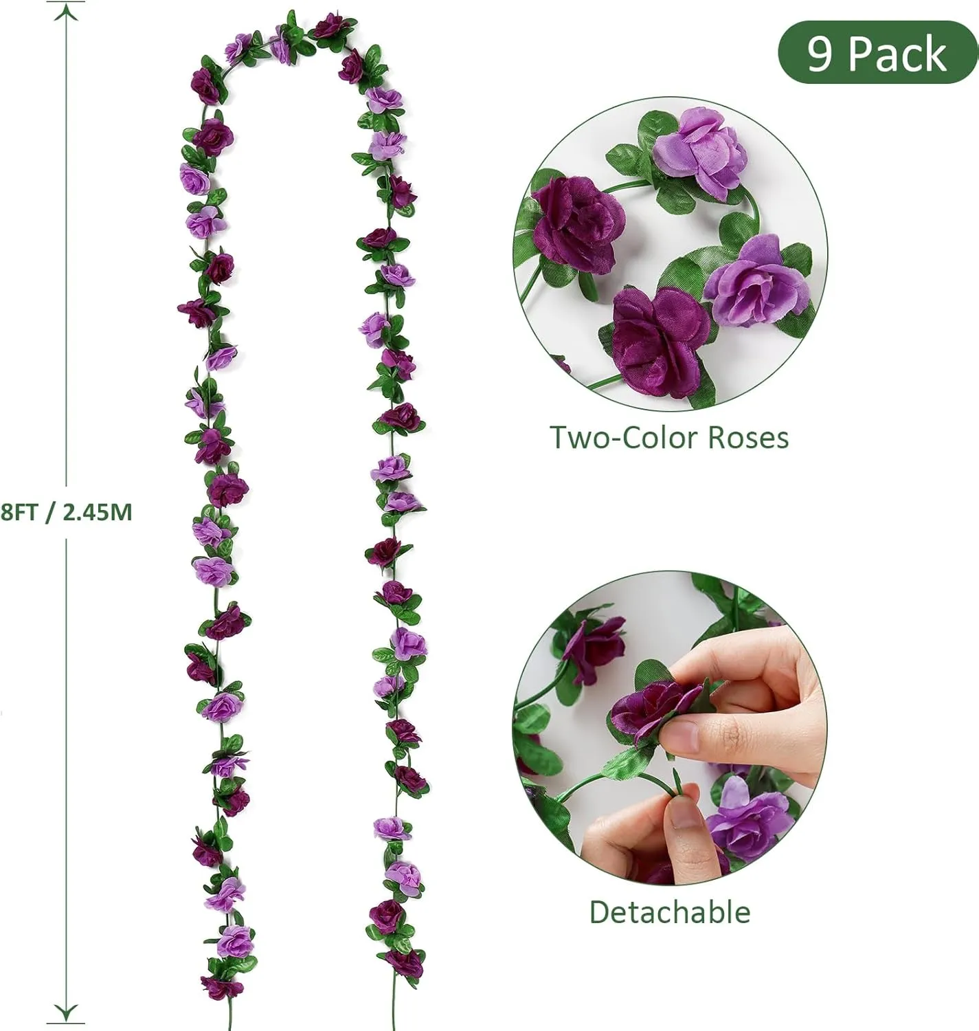 KHOYIME 9 Pack 72 FT Artificial Flower Garland, Fake Purple Roses Vines Silk Flowers Faux Plastic Outdoor Hanging Floral Ivy Garland Decoration for Wedding Arch Bedroom Home Wall Backdrop Room Decor