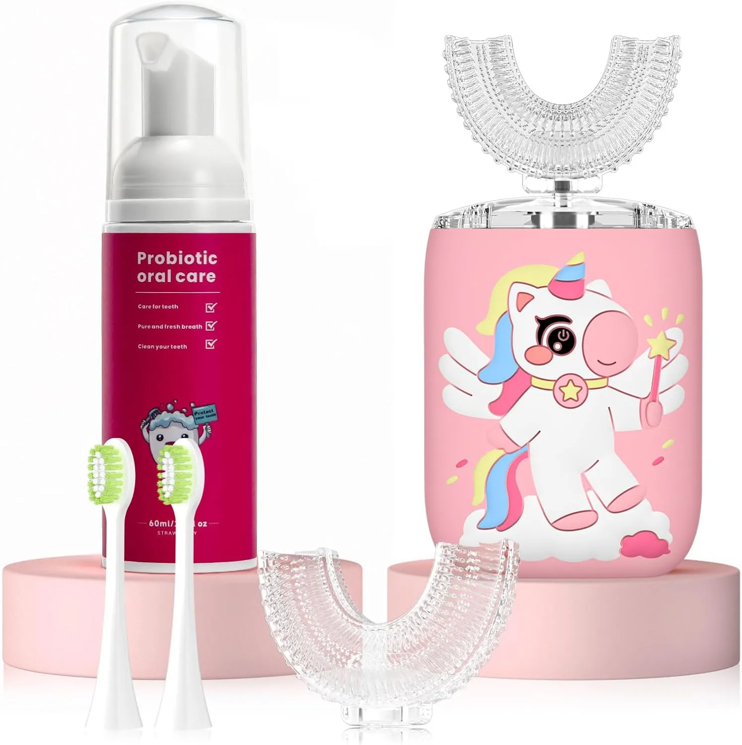 Kids Electric U Shaped Toothbrush Unicorn Rechargeable Sonic Toothbrush with 4 Soft Brush Heads with Kid Toothpaste IPX7 Waterproof - (Age 8-15, Pink)