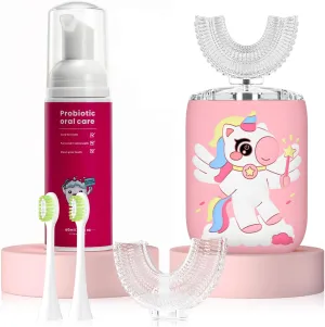Kids Electric U Shaped Toothbrush Unicorn Rechargeable Sonic Toothbrush with 4 Soft Brush Heads with Kid Toothpaste IPX7 Waterproof - (Age 8-15, Pink)