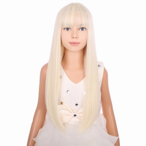 Kids Long Straight Blonde Wig with Bang Child Girls Blonde Long Wigs Synthetic Cosplay Party Synthetic Rose Net Wig