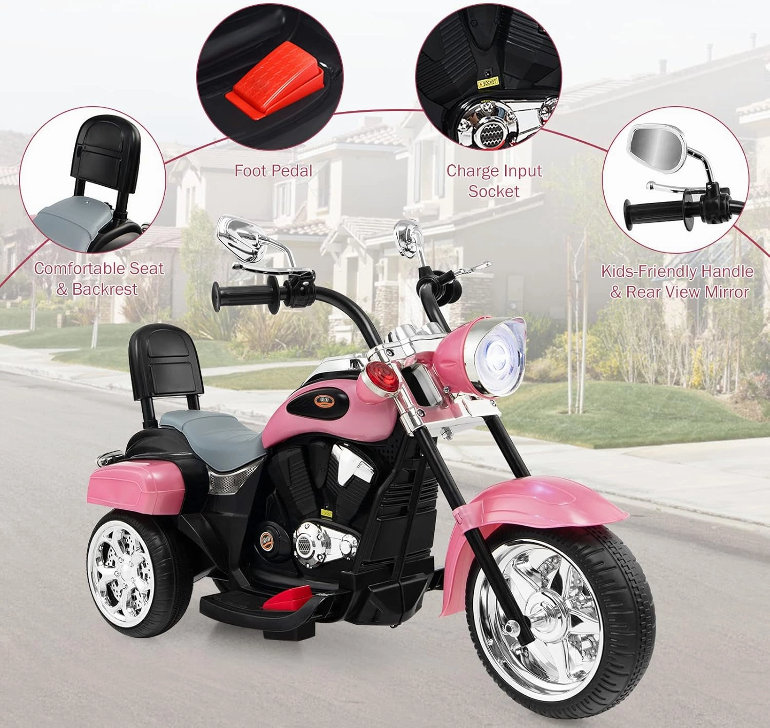 Kids Ride On Toy, 6V Battery-Powered Mini Electric Motorbike w/Music, Forward/Reverse Switch, Horn, Headlights & Foot Pedal, 3 Wheel Motorcycle Trike for Boys Girls Gift, Ages 3  (Pink)