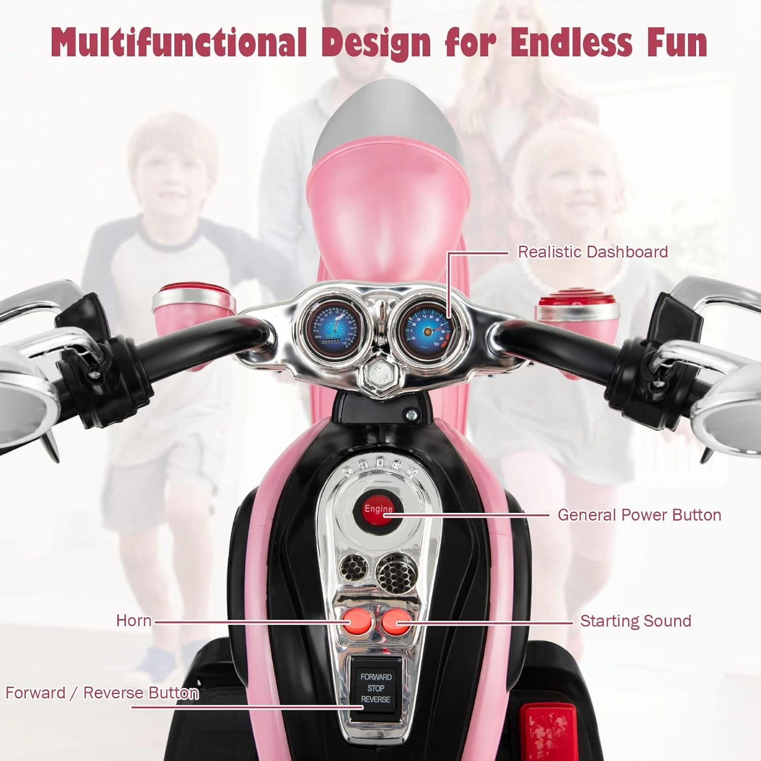 Kids Ride On Toy, 6V Battery-Powered Mini Electric Motorbike w/Music, Forward/Reverse Switch, Horn, Headlights & Foot Pedal, 3 Wheel Motorcycle Trike for Boys Girls Gift, Ages 3  (Pink)