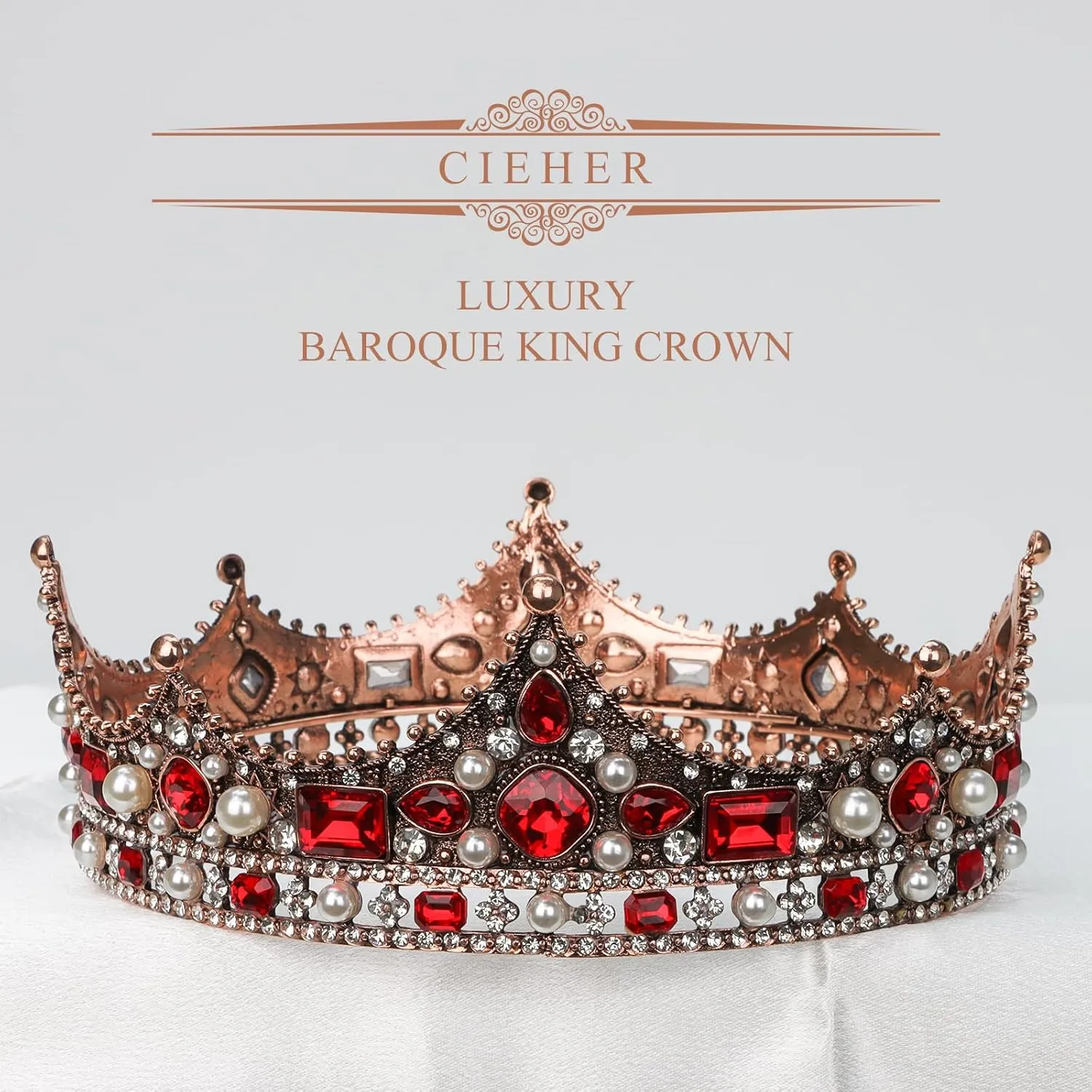 King Crown, CIEHER King Crowns for Men Crystal Vintage Baroque Crown Prom King Crown Tiara Evil Crown Luxury Rhinestone Red Crown for Birthday Prom Halloween Cosplay Party