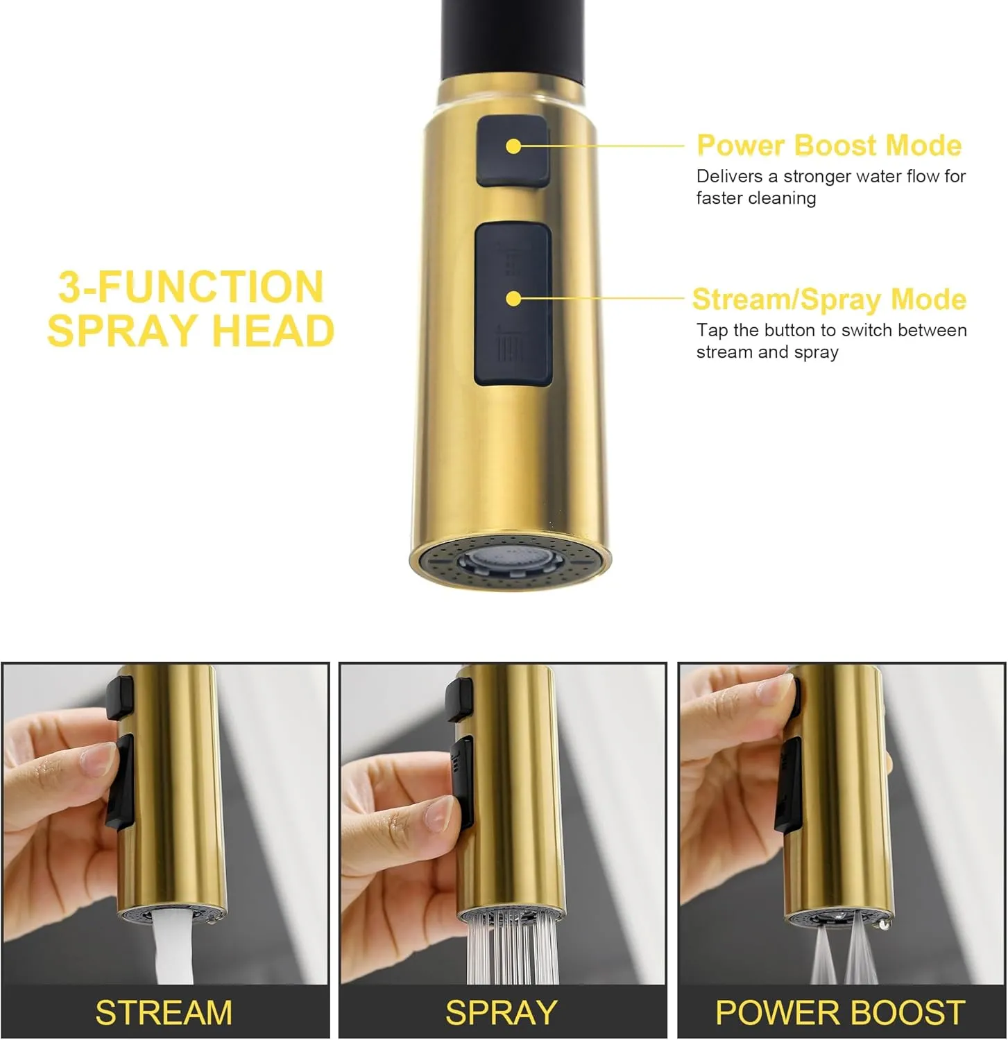 Kitchen Faucets, Black and Gold Kitchen Faucet with Pull Down Sprayer, High Arc Stainless Steel Kitchen Sink Faucet, Modern Brass Kitchen Faucet 1 or 3 Hole, Brushed Gold/Matte Black