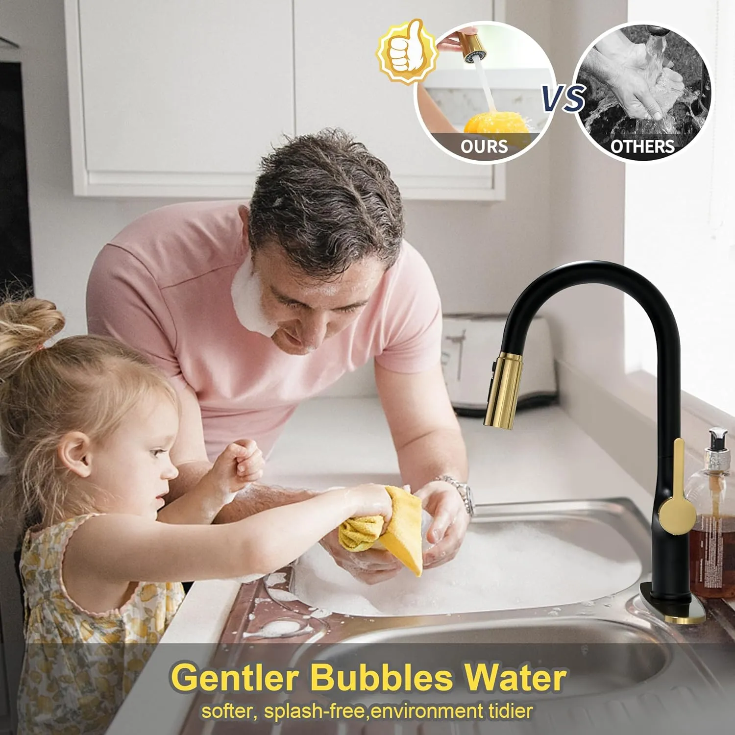 Kitchen Faucets, Black and Gold Kitchen Faucet with Pull Down Sprayer, High Arc Stainless Steel Kitchen Sink Faucet, Modern Brass Kitchen Faucet 1 or 3 Hole, Brushed Gold/Matte Black