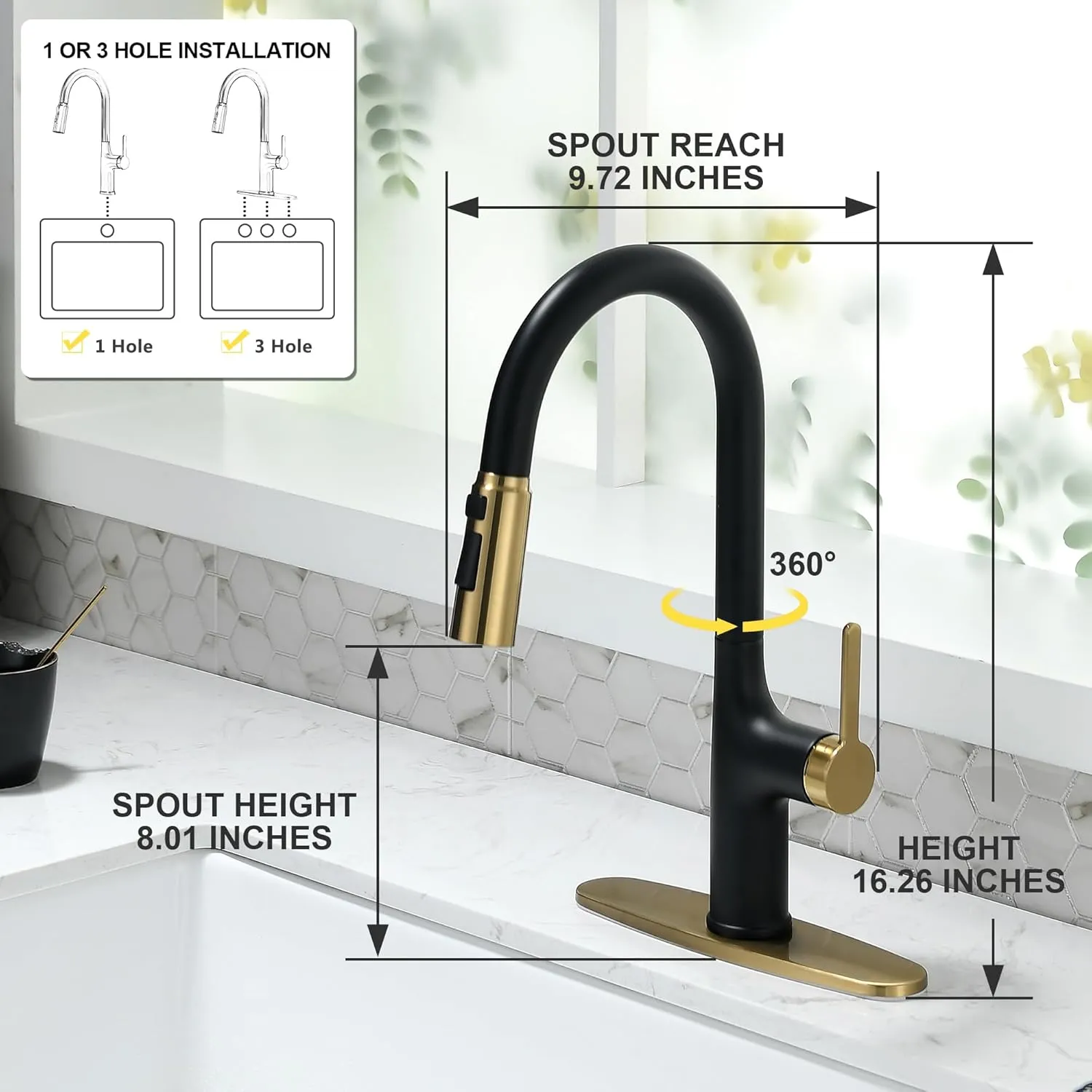 Kitchen Faucets, Black and Gold Kitchen Faucet with Pull Down Sprayer, High Arc Stainless Steel Kitchen Sink Faucet, Modern Brass Kitchen Faucet 1 or 3 Hole, Brushed Gold/Matte Black