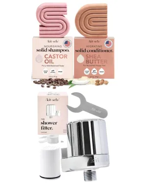 Kitsch Castor Oil Shampoo Bar and Shea Butter Conditioner Bar and Shower Filter (Chrome) Bundle