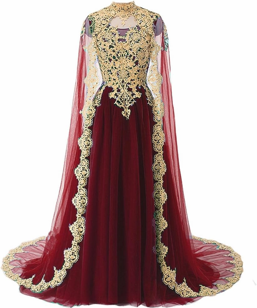 Kivary Gold Lace Vintage Long Prom Evening Dresses Wedding Gowns with Cape