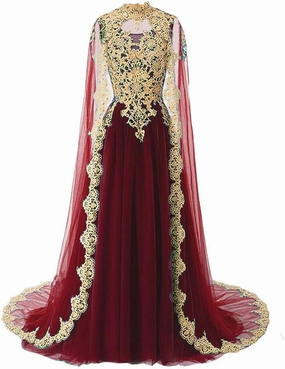 Kivary Gold Lace Vintage Long Prom Evening Dresses Wedding Gowns with Cape