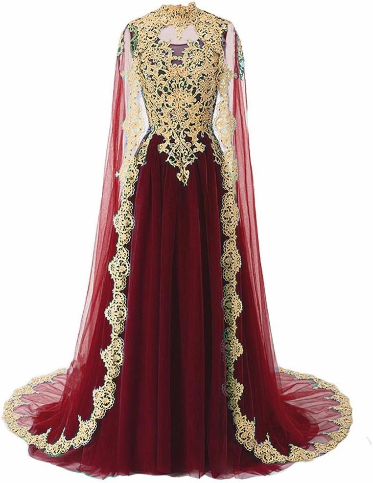 Kivary Gold Lace Vintage Long Prom Evening Dresses Wedding Gowns with Cape