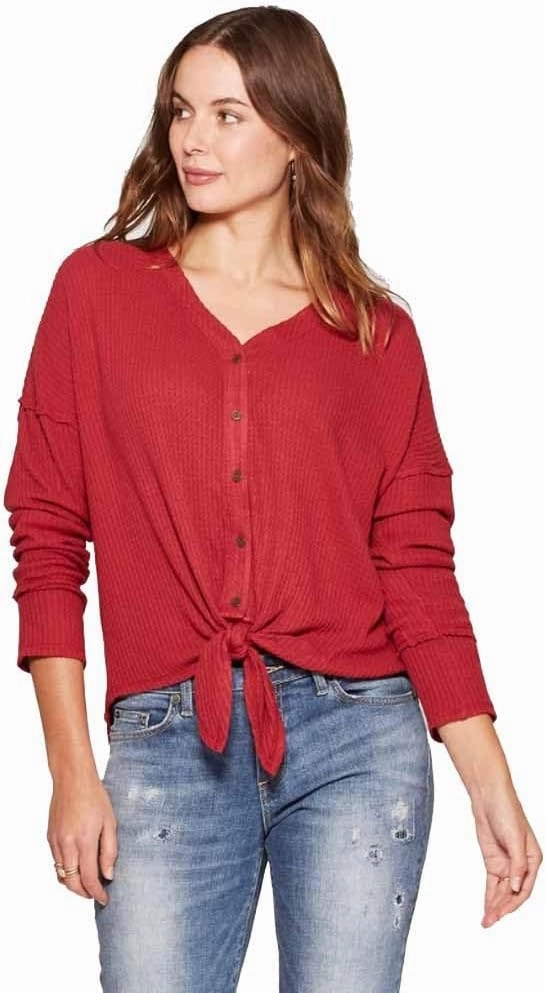 Knox Rose Women's Long Sleeve Waffle Knit Tie Front Blouse -