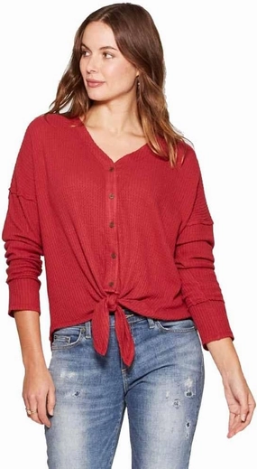 Knox Rose Women's Long Sleeve Waffle Knit Tie Front Blouse -