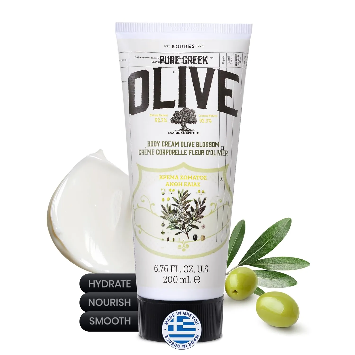 KORRES Olive Body Lotion for Dry Skin Moisturizer Cream with Vitamin E, Aloe and Pure Greek Olive Oil for Body Care, Hydrating & Nourishing for Smooth,