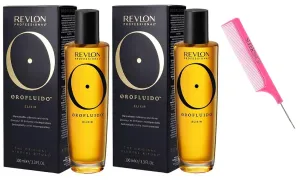 kuss Comb   OROFLUlDO Elixir Hair Oil, The ORIGINAL Mindful Ritual by RevIon, OrofIuido Shine Silkiness Hair Serum (w/Argan-Oil Infused PINK Comb) (3.38 oz / 100 ml (PACK OF 2))
