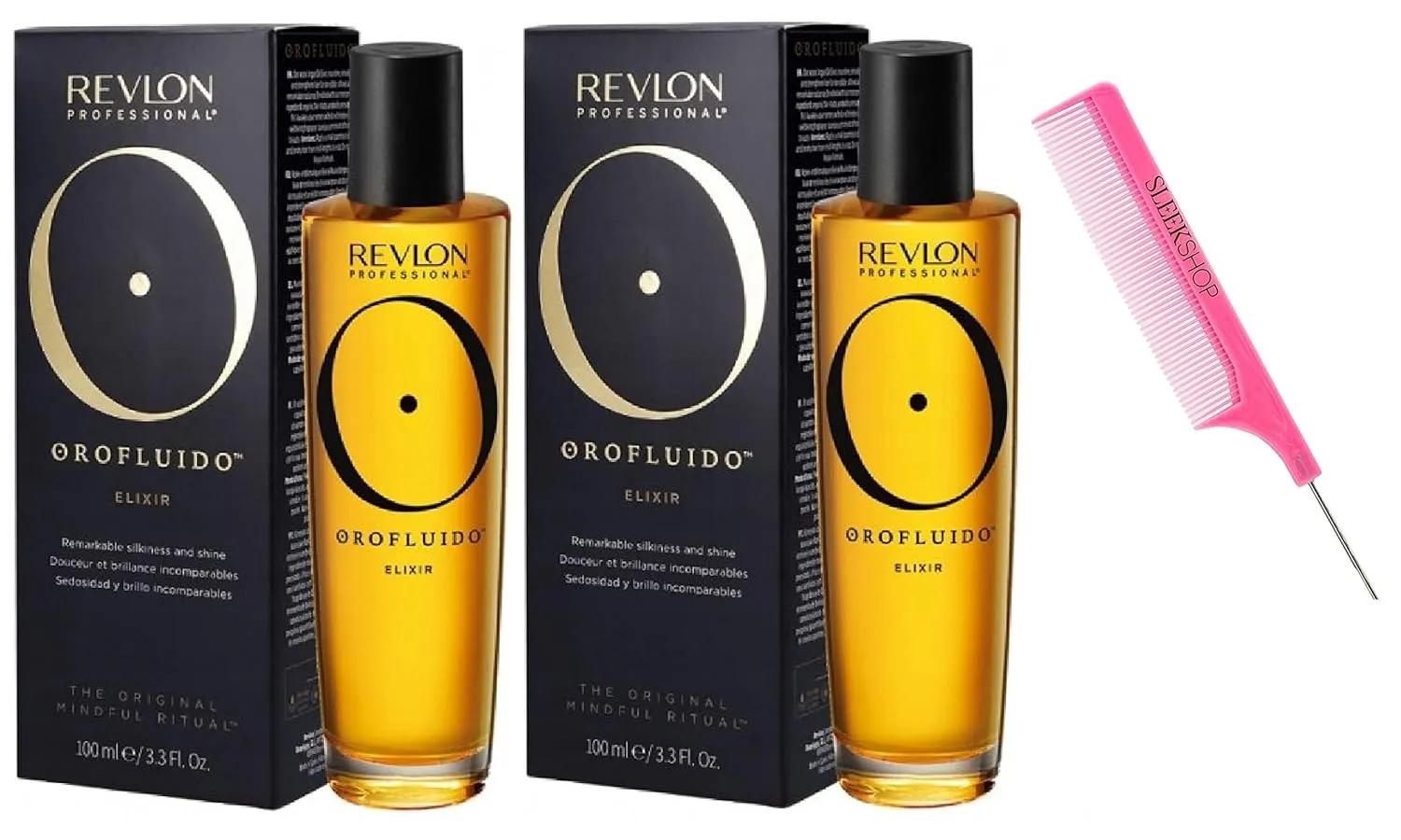kuss Comb   OROFLUlDO Elixir Hair Oil, The ORIGINAL Mindful Ritual by RevIon, OrofIuido Shine Silkiness Hair Serum (w/Argan-Oil Infused PINK Comb) (3.38 oz / 100 ml (PACK OF 2))