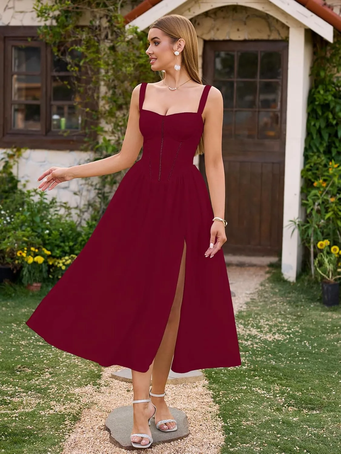 KUTUMAI Floral Corset Midi Dress Flowy Slit Summer Spring Wedding Guest Dresses for Women Sundress with Pockets