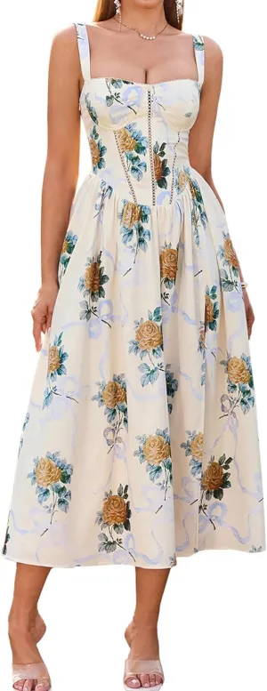 KUTUMAI Floral Corset Midi Dress Flowy Slit Summer Spring Wedding Guest Dresses for Women Sundress with Pockets