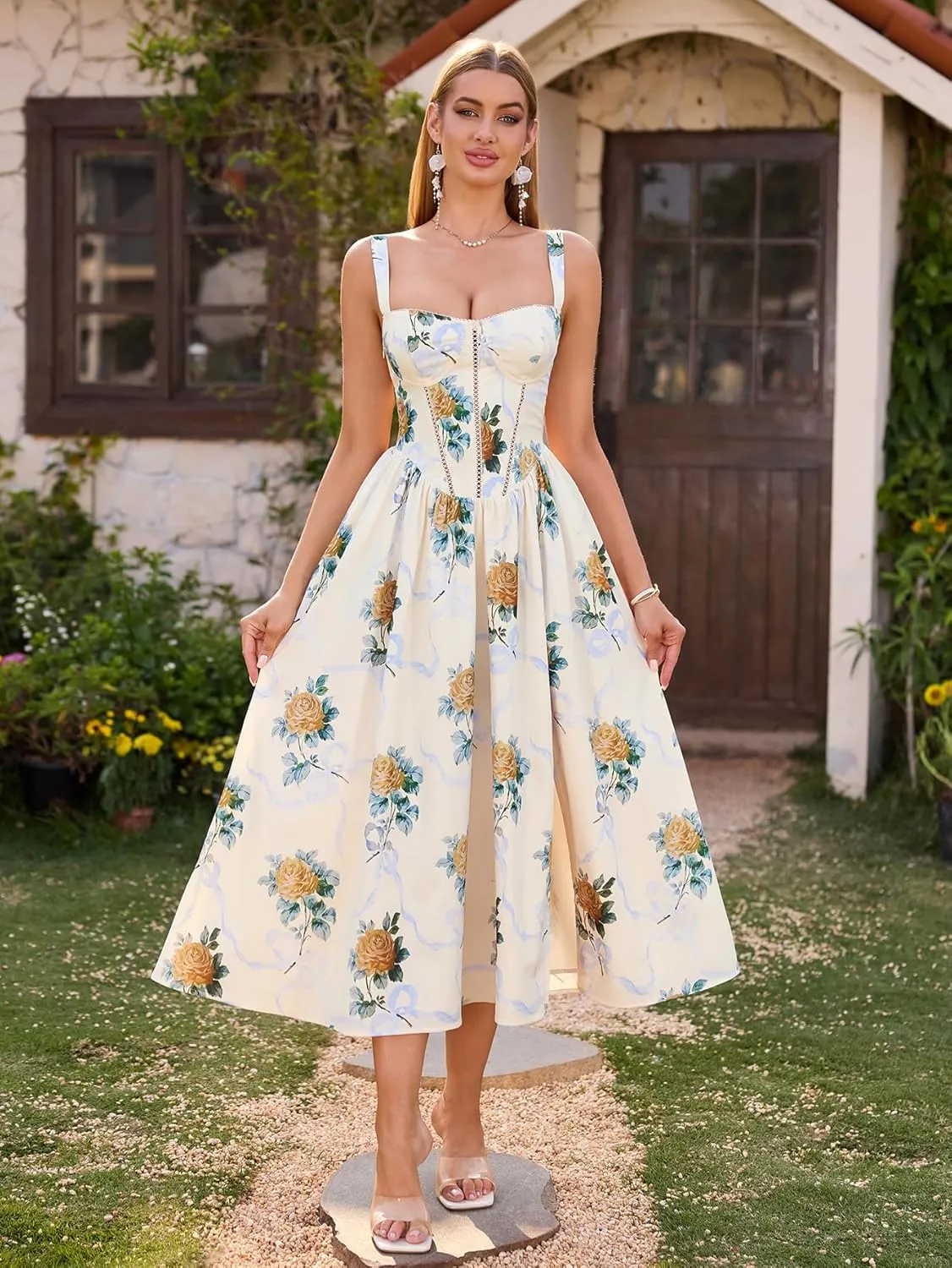 KUTUMAI Floral Corset Midi Dress Flowy Slit Summer Spring Wedding Guest Dresses for Women Sundress with Pockets