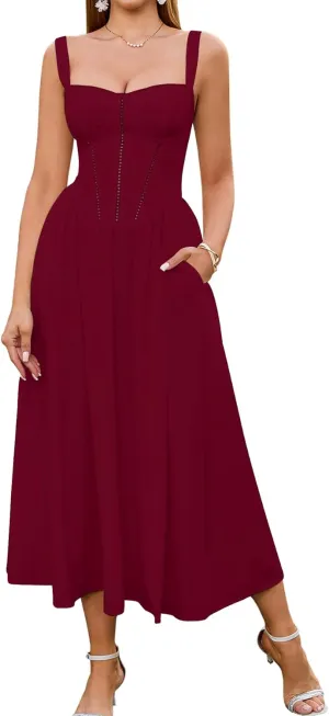 KUTUMAI Floral Corset Midi Dress Flowy Slit Summer Spring Wedding Guest Dresses for Women Sundress with Pockets