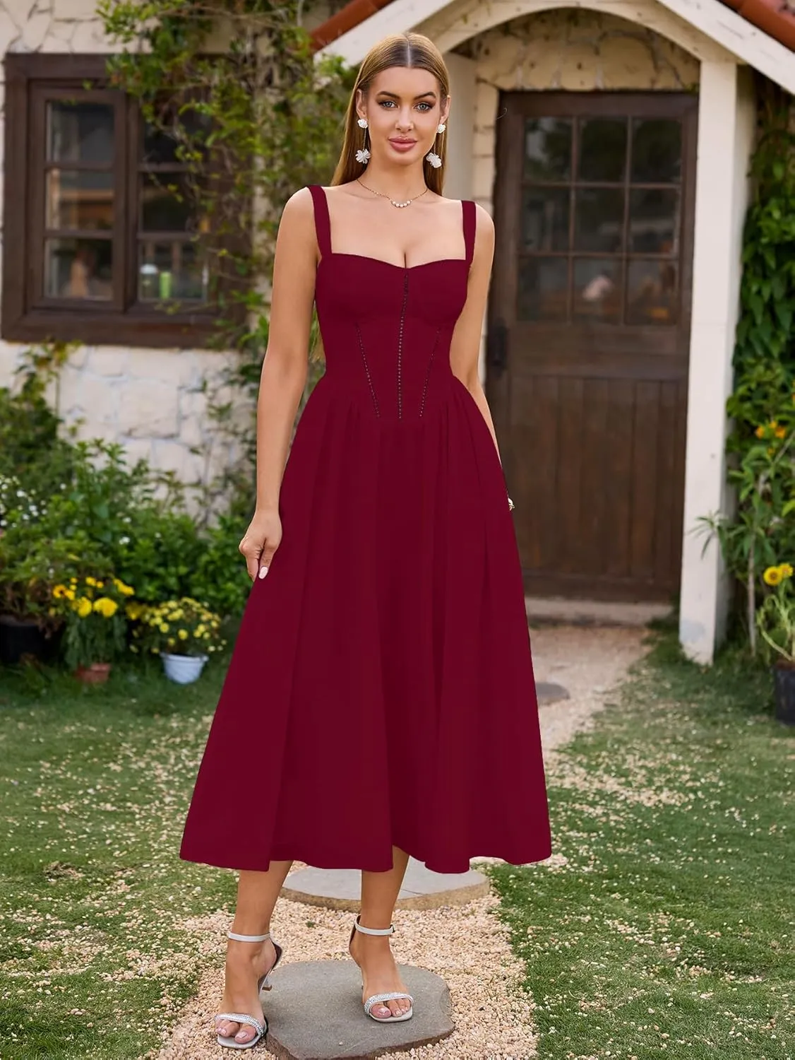 KUTUMAI Floral Corset Midi Dress Flowy Slit Summer Spring Wedding Guest Dresses for Women Sundress with Pockets