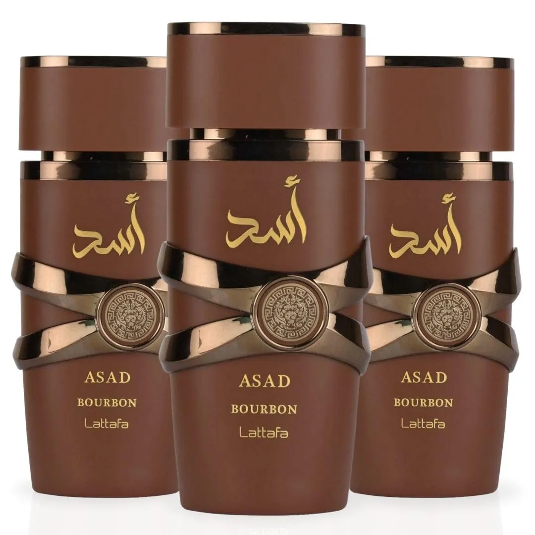 LATTAFA Asad Bourbon Eau De Parfum Spray 100ML (3.4 OZ) A Rich & Inviting Scent That Blends Spicy, Sweet & Warm Notes For A Sensual Finish. (Pack of 3)
