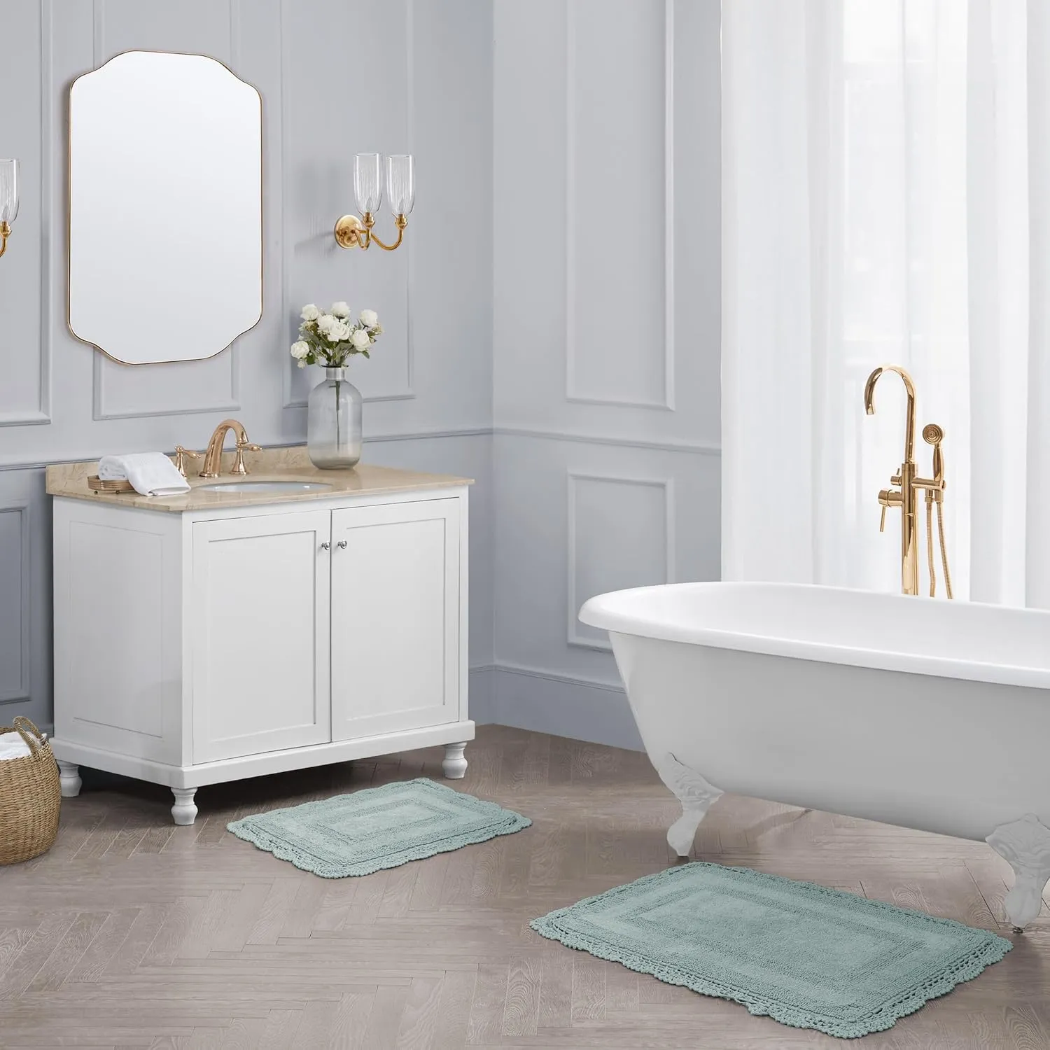 Laura Ashley Crochet Cotton 17x24/21x34 in. 2-Piece Bath Rug Set, Aqua