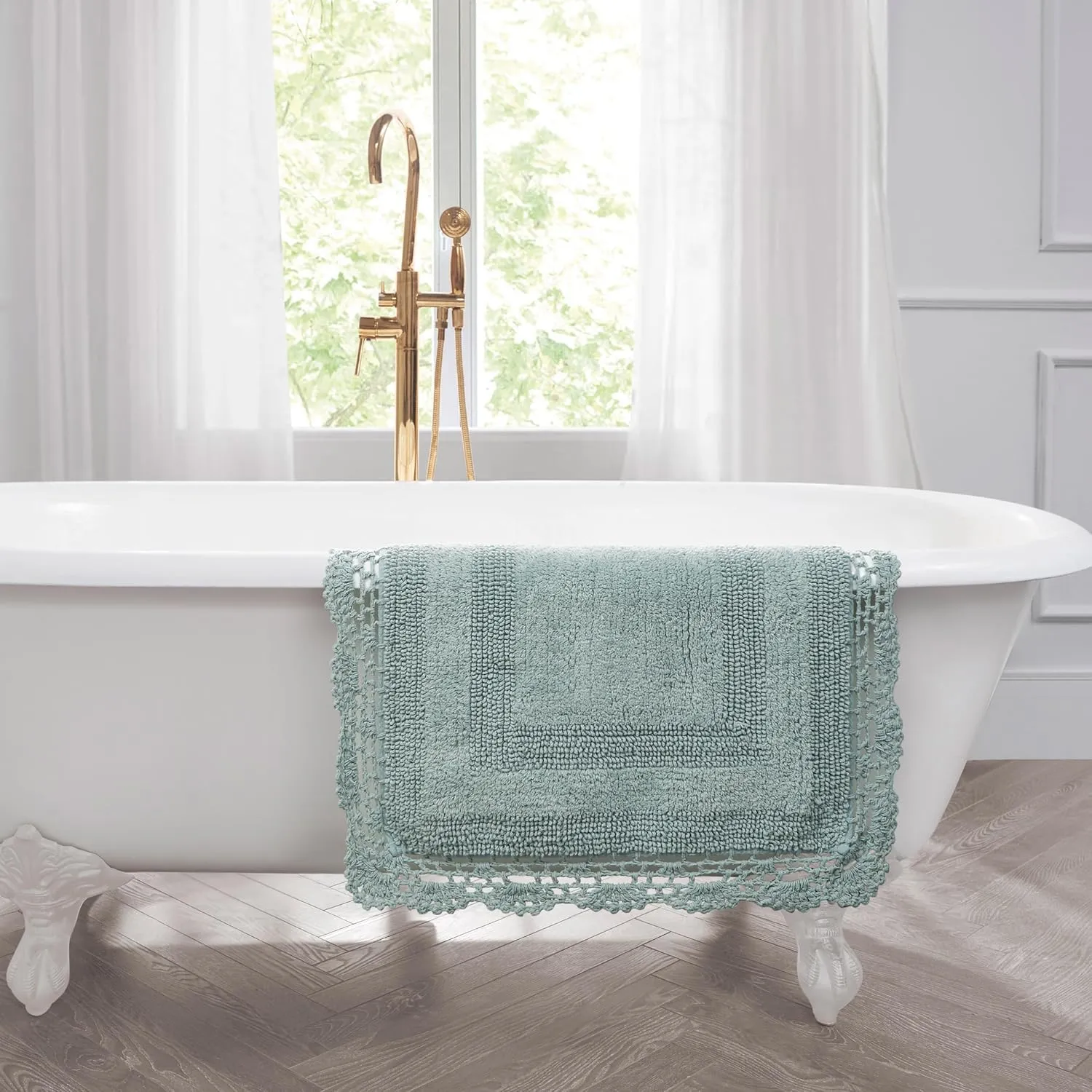 Laura Ashley Crochet Cotton 17x24/21x34 in. 2-Piece Bath Rug Set, Aqua