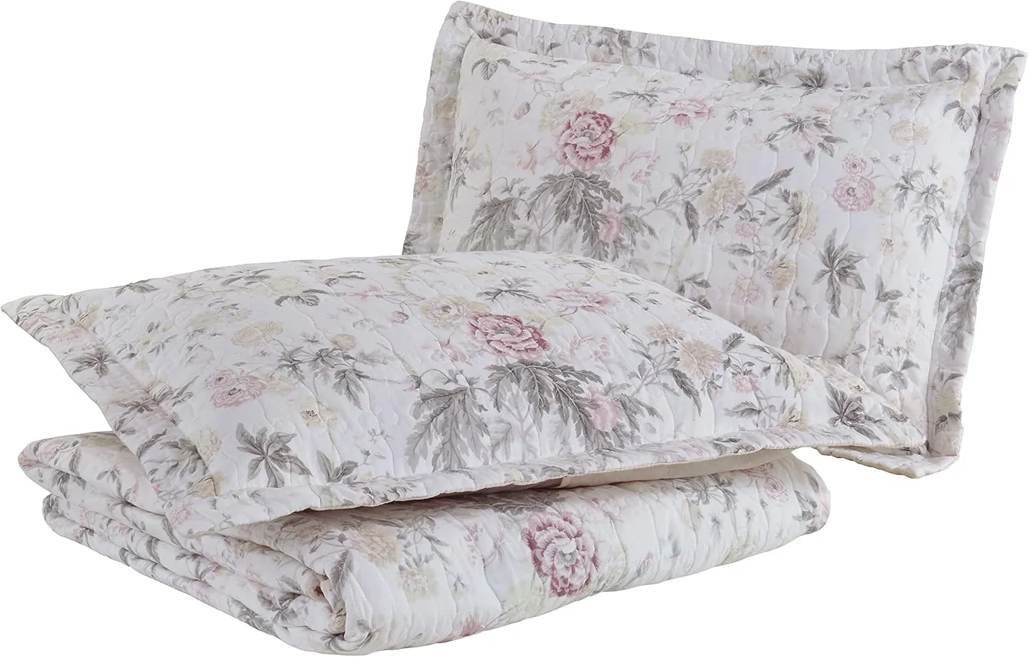 Laura Ashley - Twin Quilt Set, Reversible Cotton Bedding with Matching Sham, Lightweight Home Decor for All Seasons (Breezy Floral Pink/Grey, Twin)