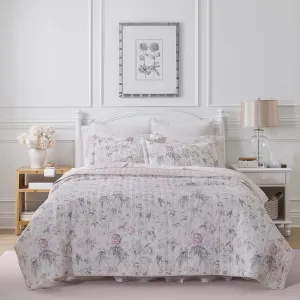 Laura Ashley - Twin Quilt Set, Reversible Cotton Bedding with Matching Sham, Lightweight Home Decor for All Seasons (Breezy Floral Pink/Grey, Twin)