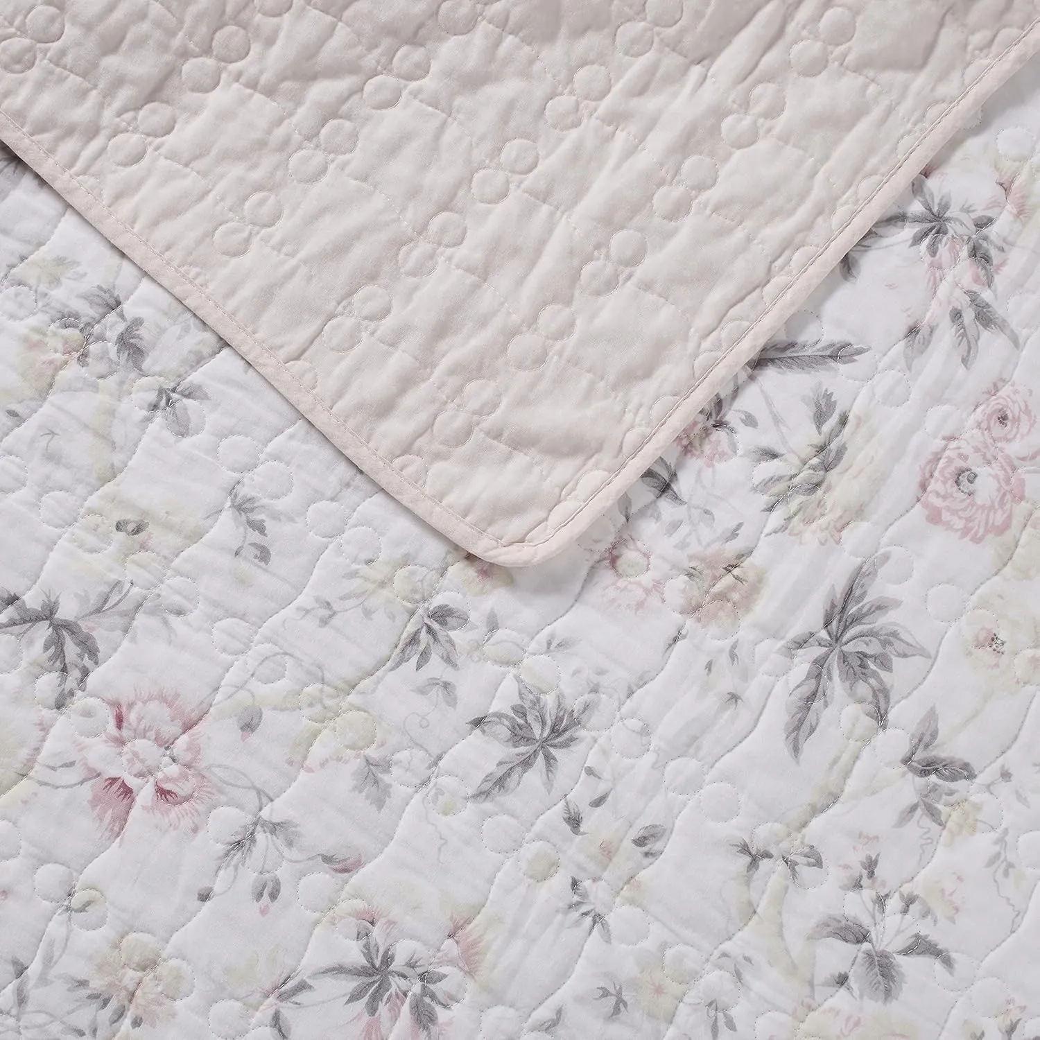 Laura Ashley - Twin Quilt Set, Reversible Cotton Bedding with Matching Sham, Lightweight Home Decor for All Seasons (Breezy Floral Pink/Grey, Twin)