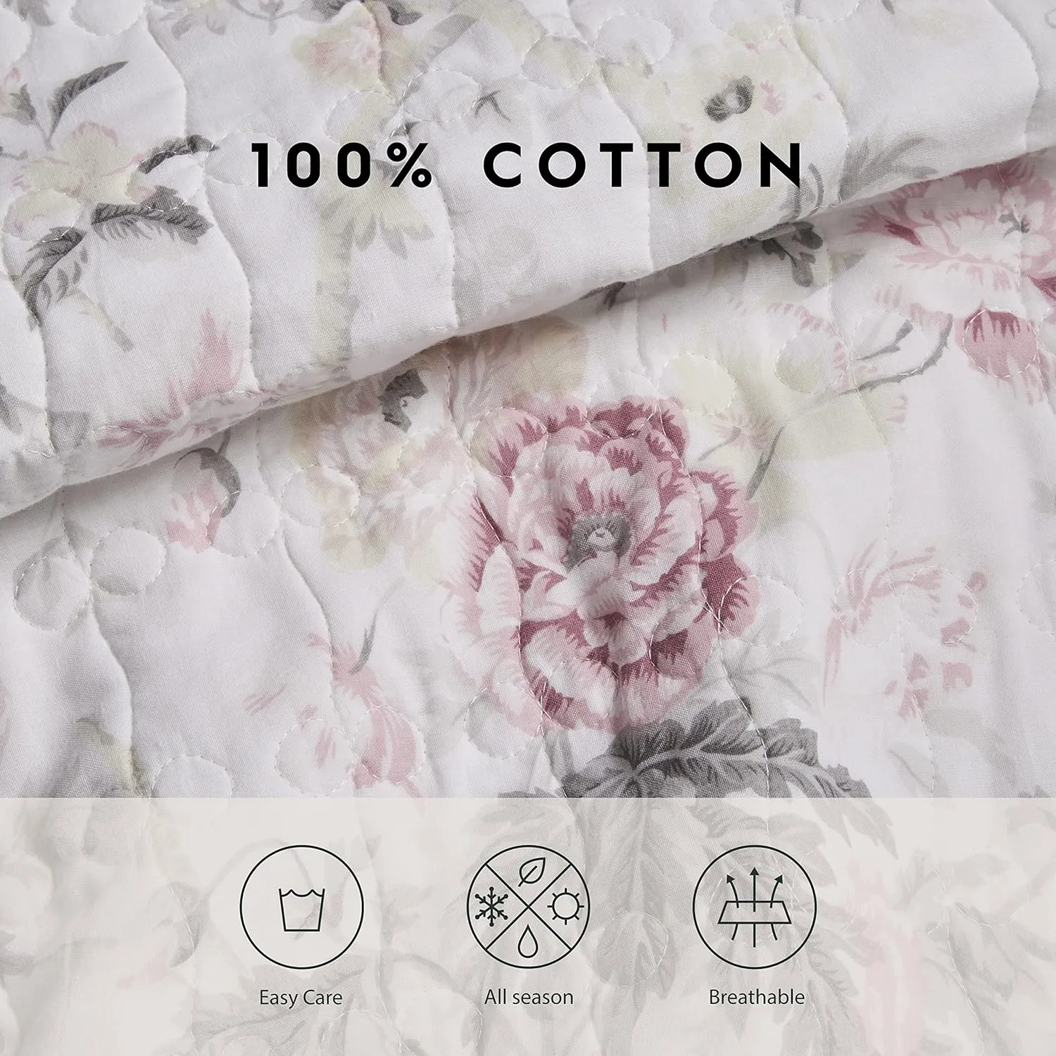 Laura Ashley - Twin Quilt Set, Reversible Cotton Bedding with Matching Sham, Lightweight Home Decor for All Seasons (Breezy Floral Pink/Grey, Twin)