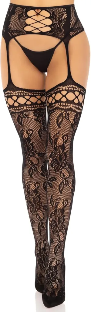 Leg Avenue French rose lace backseam stockings with attached garter belt, O/S, BLACK