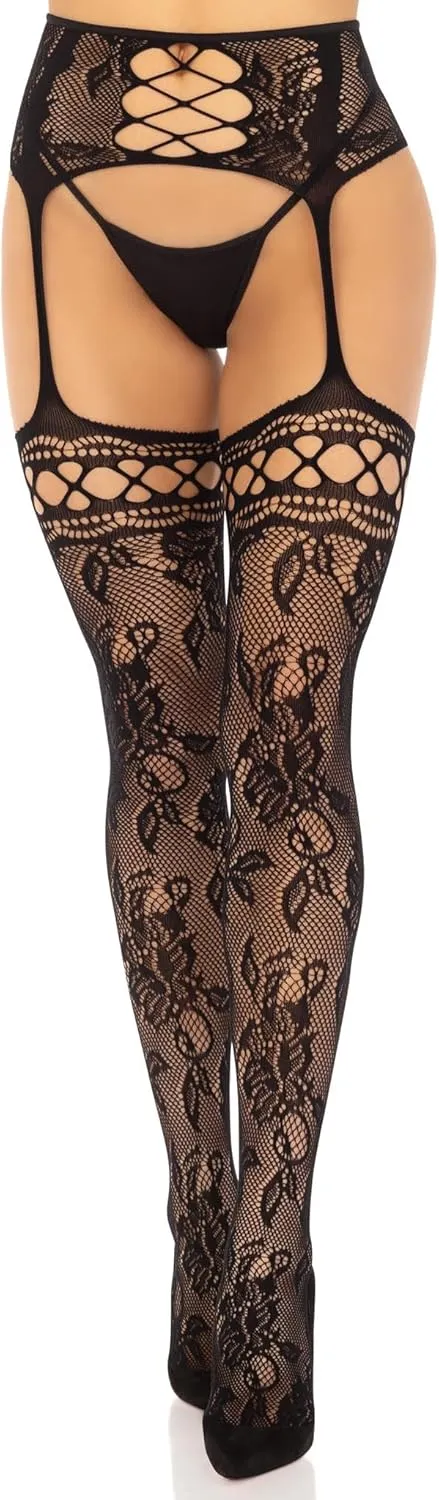 Leg Avenue French rose lace backseam stockings with attached garter belt, O/S, BLACK