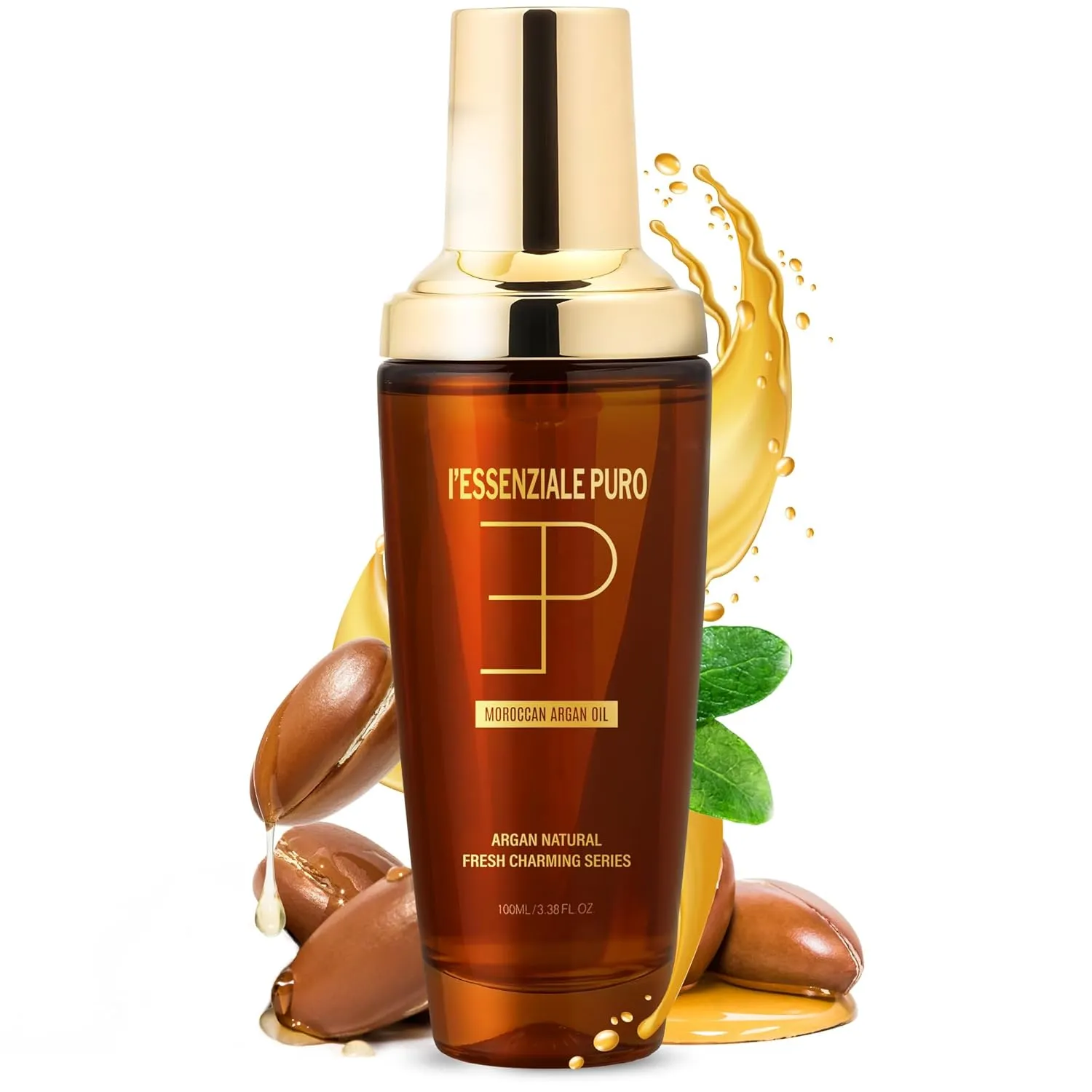 L'Essenziale Puro Premium Moroccan Argan Oil - Hydrating Moroccan Hair Oil & Body Oil For Women & Men - Adds Shine, Controls Frizz, & Moisturizes - Luxury Beauty Elixir From Dubai (100ml, 3.38 Fl Oz)
