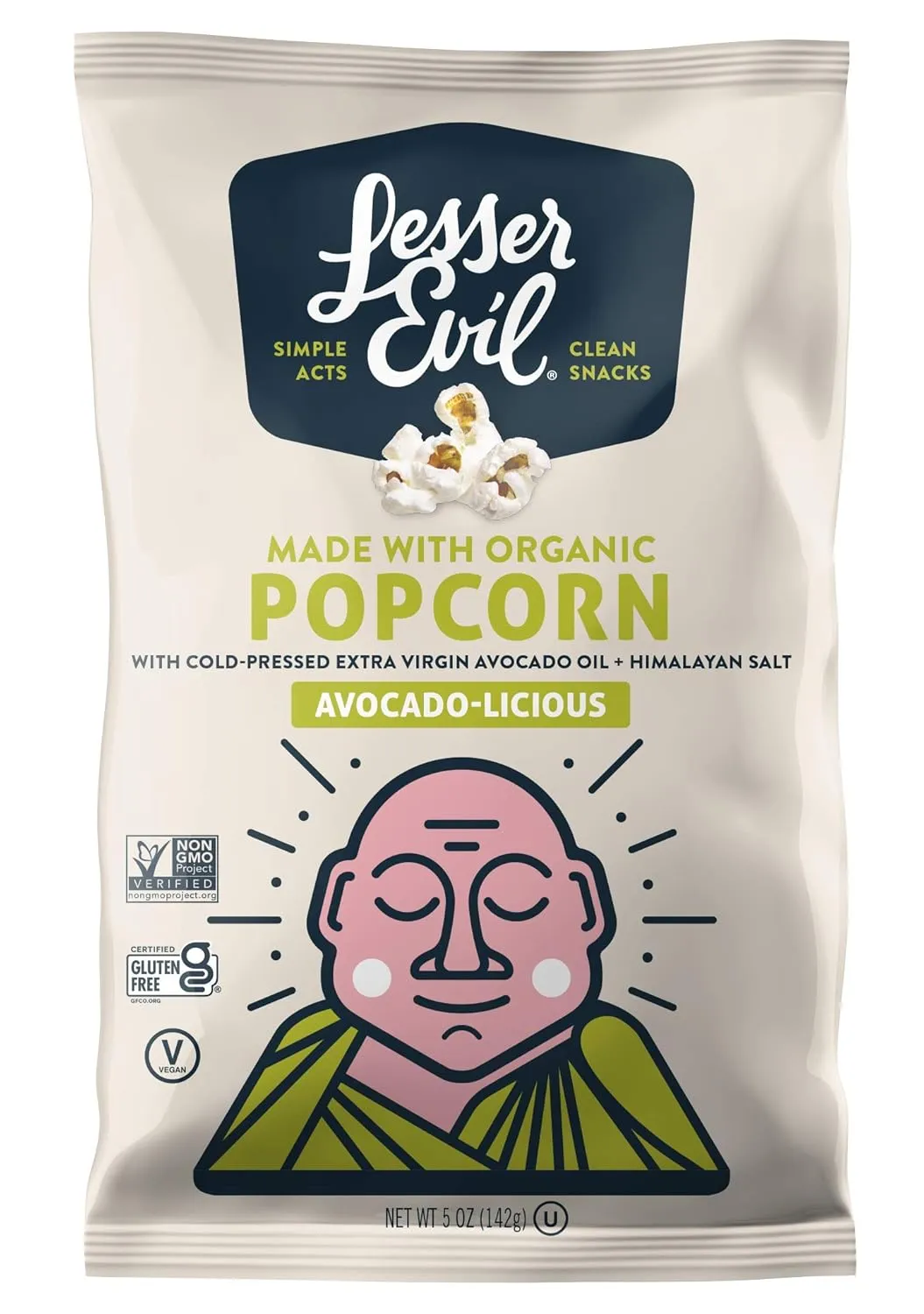 LesserEvil Avocado-Licious Organic Popcorn, No Artificial Ingredients, Coconut Oil, Pack of 12, 5 oz Bags