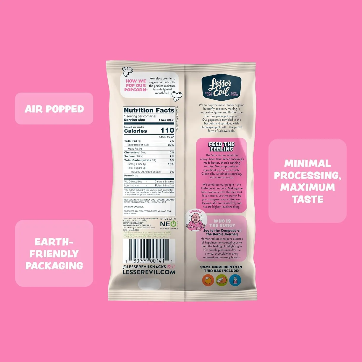 LesserEvil Himalayan Pink Salt Organic Popcorn, Premium Quality, Minimally Processed, No Vegetable Oil, 0.46 Oz, Pack of 24