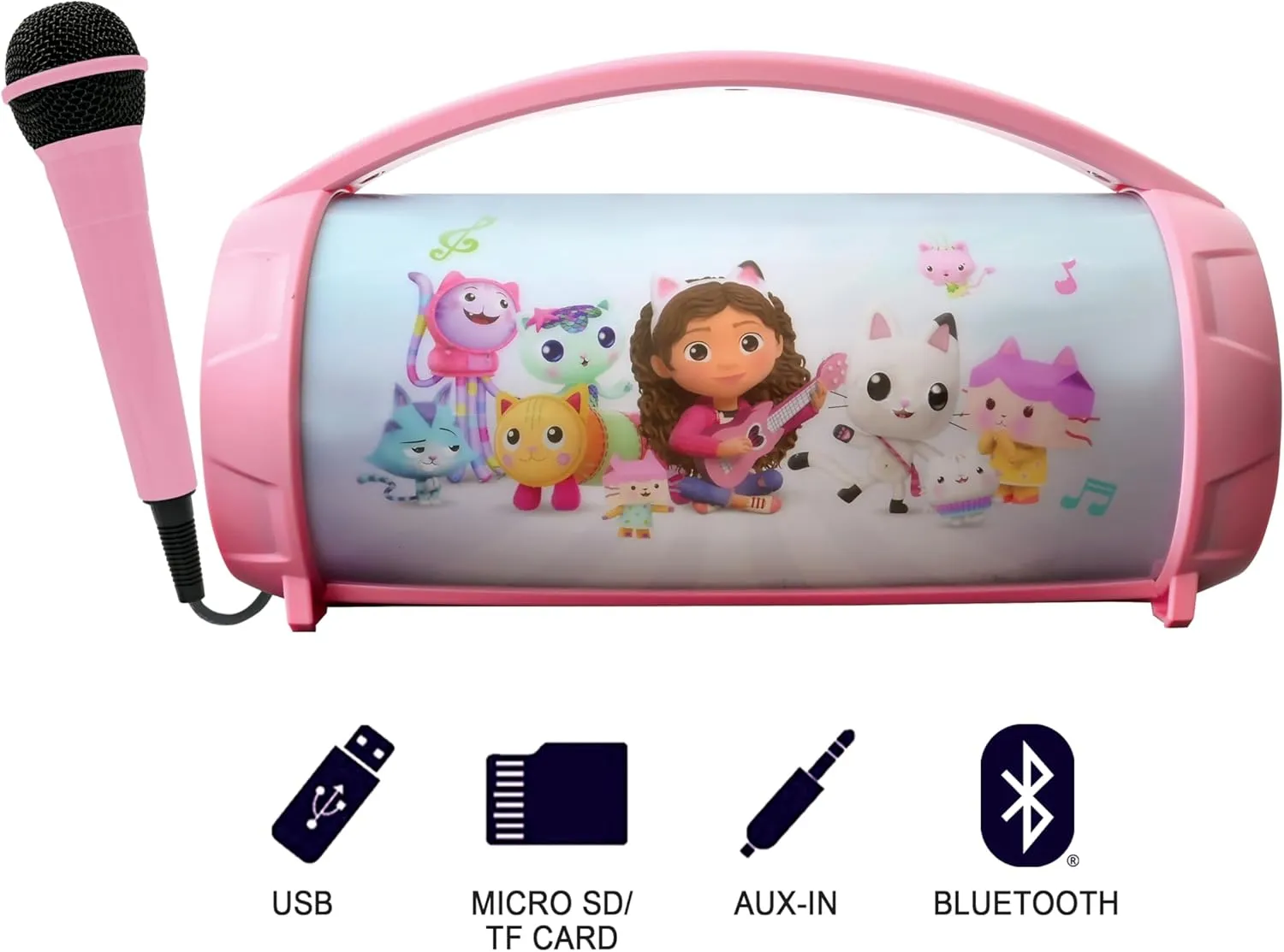 Lexibook, Gabby's Dollhouse, Wireless Light Speaker with Mic, Stereo Audio, Karaoke Function, USB and SD Card Ports, Rechargeable Battery, Handle to Take Everywhere, Pink, BTP585GDHZ